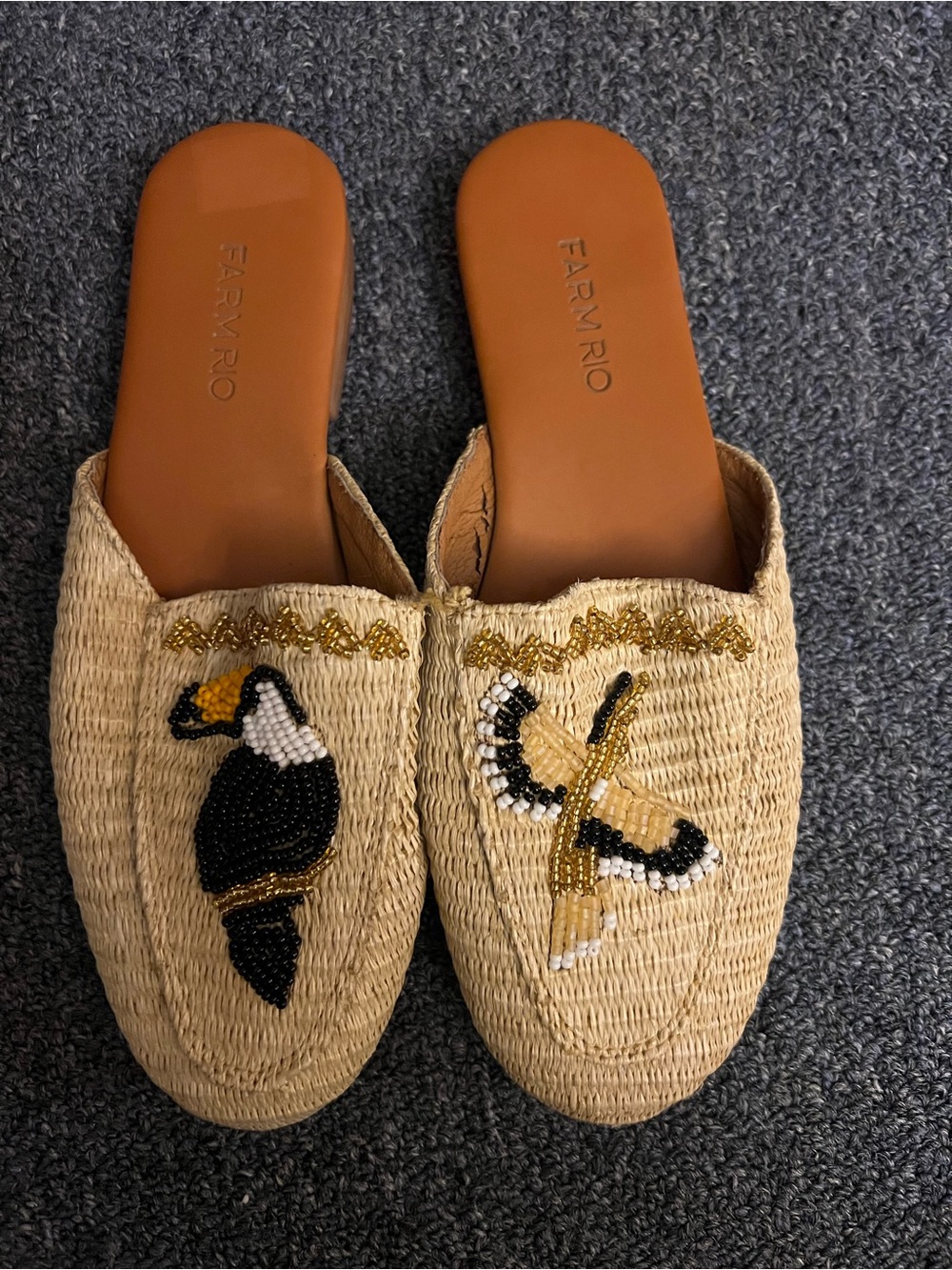 FARM Rio Natural Raffia Beaded Bird Mules with Tan Insoles